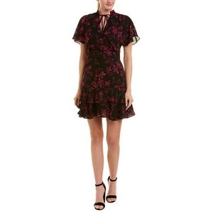 parker • midnight fleur tie neck black purple floral tiered cap sleeve dress